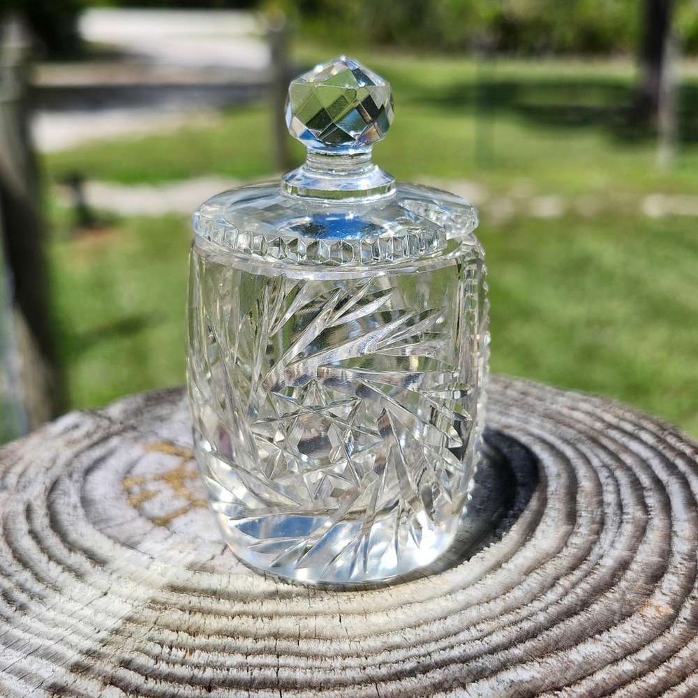Antique ABP Cut Glass Condiment Salts Cellar Mustard Pot Jar Lid Starburst